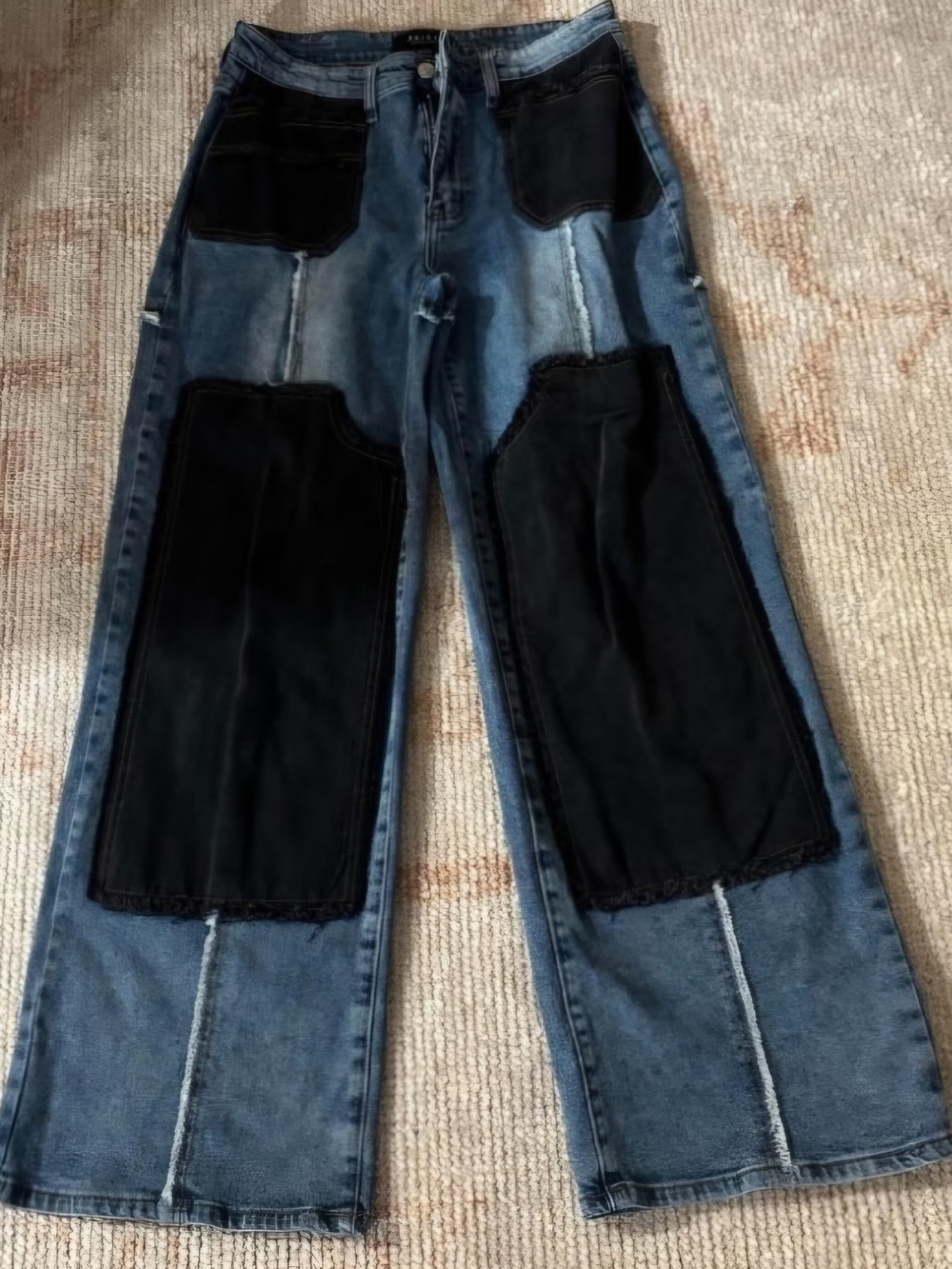 Men's Two-Tone Patchwork Jeans - Black Patches on Blue Denim